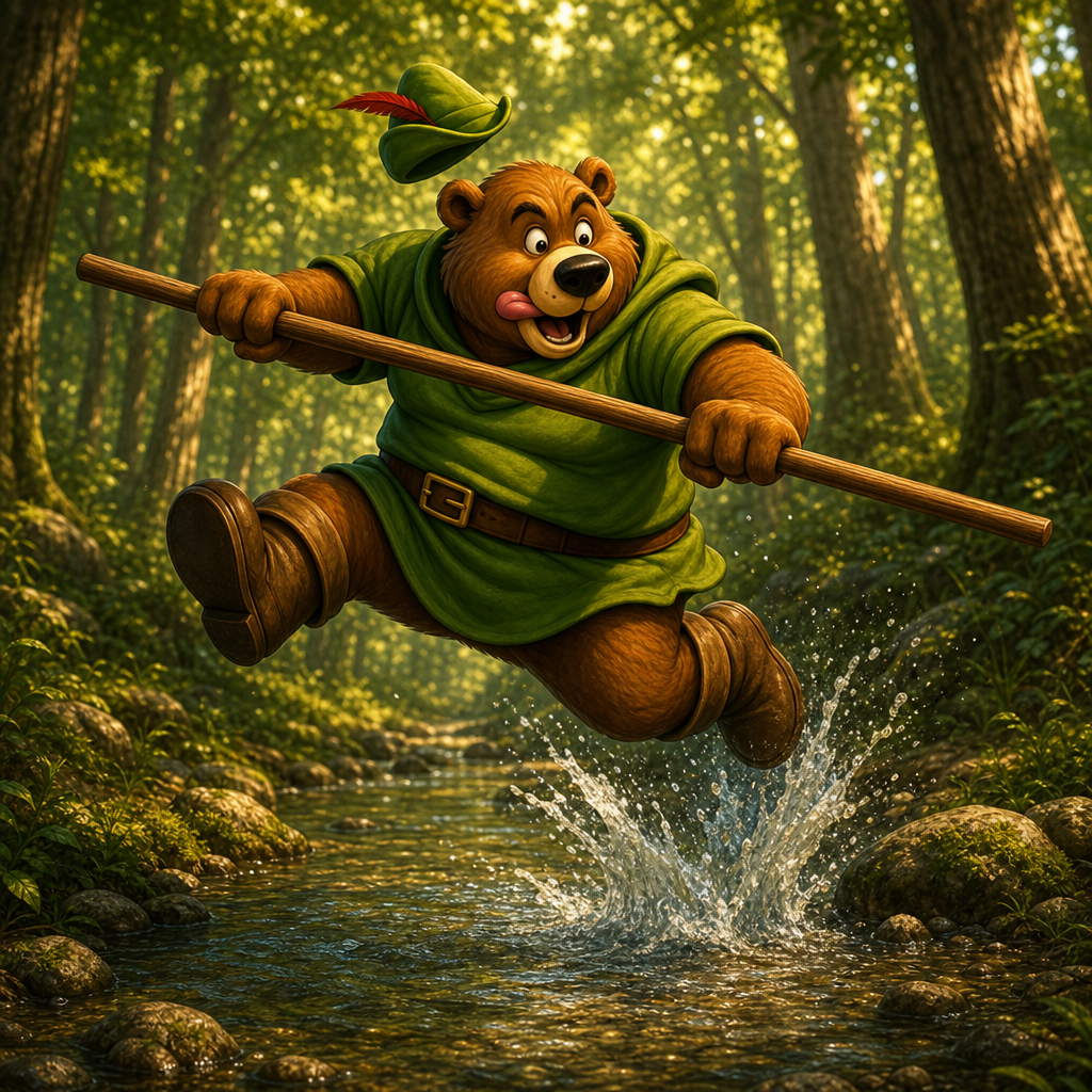 Little John leaping over a creek
